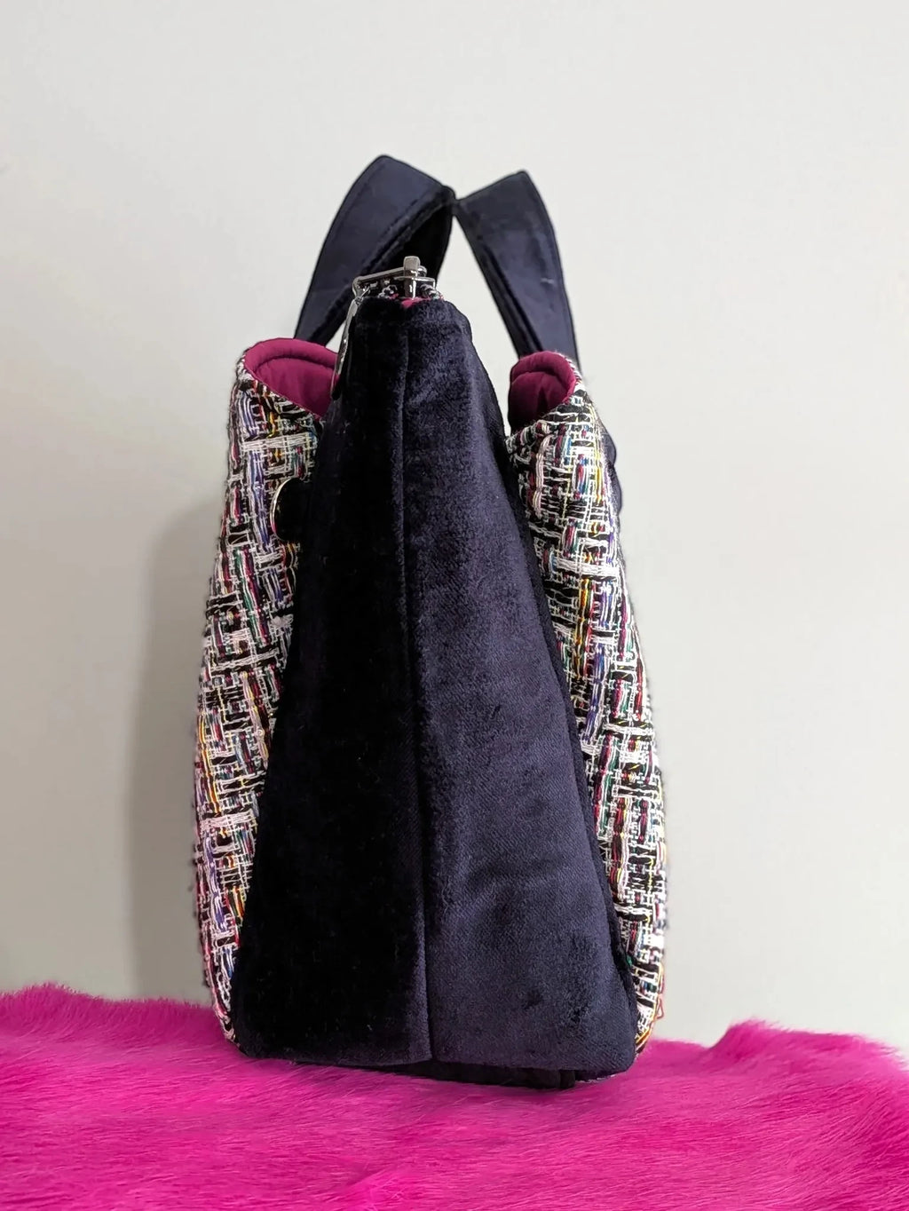 Fixation Fibre and Function structured handbag with multi-colored tweed panels and black velvet sides.
