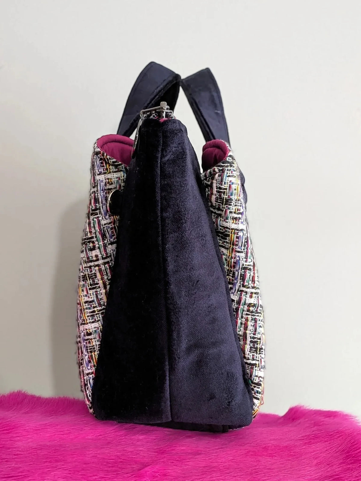 Fixation Fibre and Function structured handbag with multi-colored tweed panels and black velvet sides.